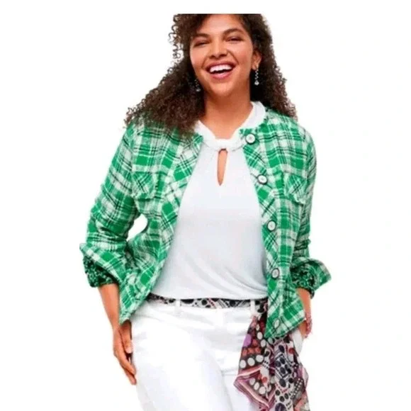 Cabi Library Women's MJacket Green White Black Plaid Tweed Blazer fringe hem - Picture 1 of 8